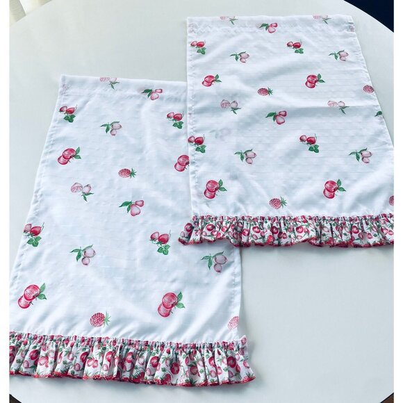 Vintage 80s curtains, red apples, ruffled bottom, kitchen window pair of panels - Picture 1 of 10